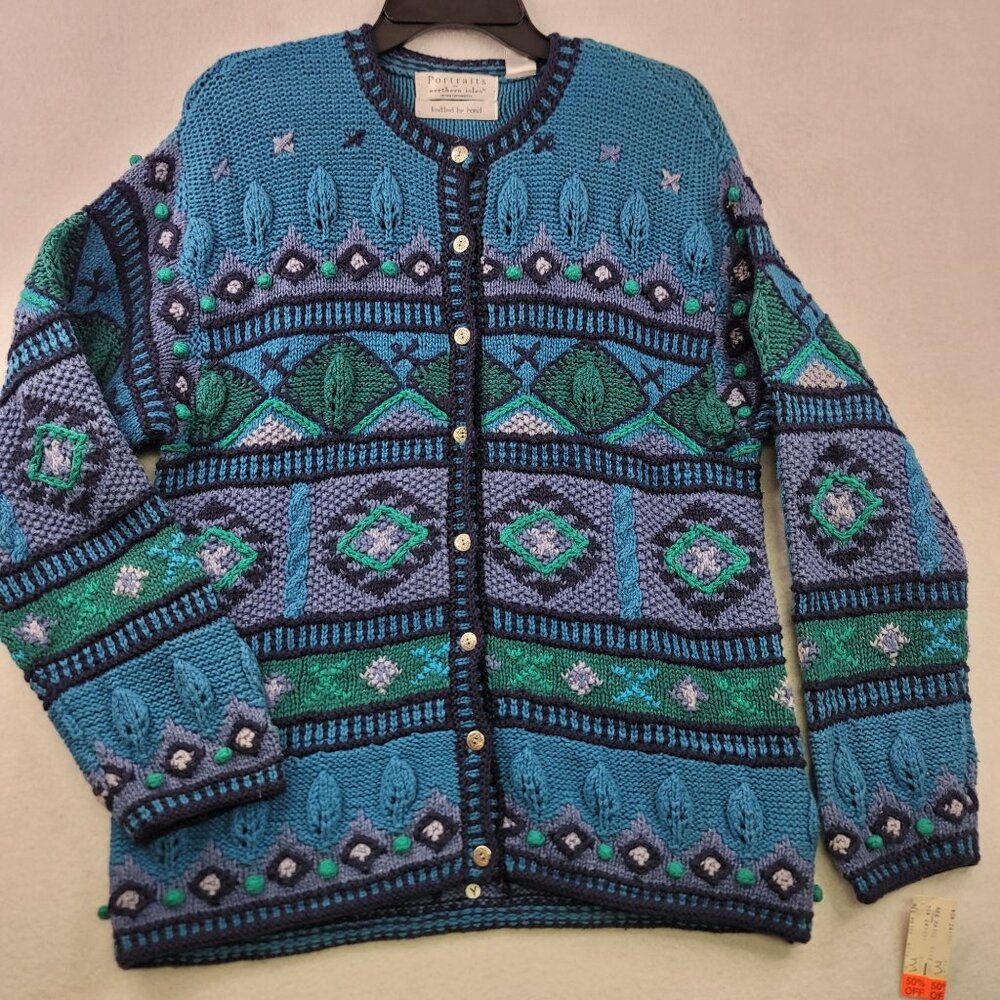 Vintage Portraits Hand Knit Cardigan S Navy Cottagecore Granny Novelty Lagenlook